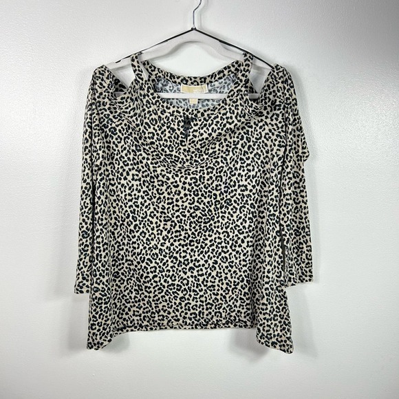 NEW Michael Kors Leopard Cheetah Print Long Sleeved Cold Shoulder Blouse Medium - Picture 1 of 9